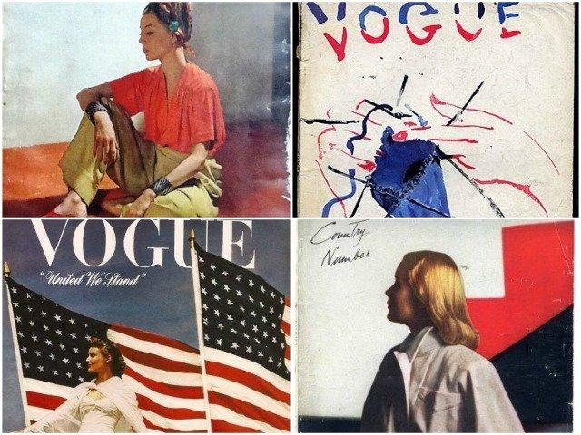 Zleva: dámské kalhoty na obálce Vogue, předválečné vydání francouzského Vogue, „United We Stand“ jako podtitulek amerického vydání za války, žena v trenčkotu na obálce Vogue z 40. let