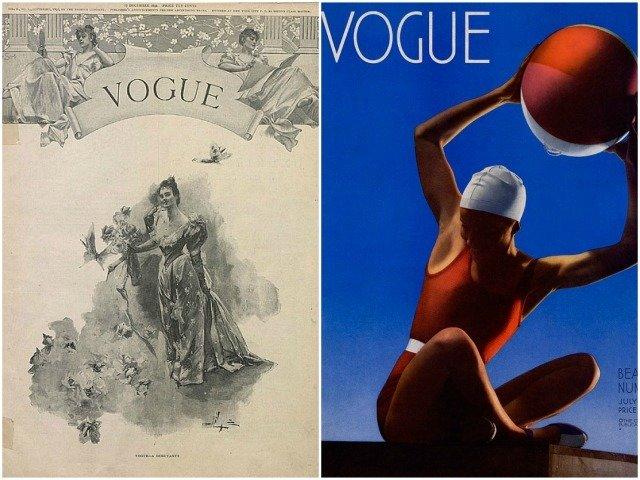 Zleva: první vydání Vogue z roku 1892, první barevná obálka Vogue
