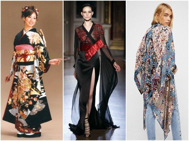 Zdroje zleva: tradiční japonské kimono - https://japanbook.net, model inspirovaný kimonem z kolekce Zuhaira Murada - http://www.vogue.fr, kimono v kolekci obchodního řetězce - https://www.freepeople.com/