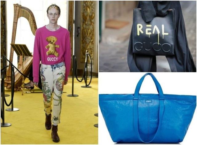 Svetr Guccy a kabelka Real Gucci jako zbraně proti falešnému zboží. „Ikea“ taška od Balenciagy. Zdroje zleva: www.vogue.co.uk, www.edition.cnn.com