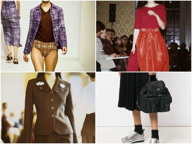„Ošklivá elegance“ typická pro Pradu, kolekce z 80. let, slavný nylonový batoh. Zdroje zleva: www.anothermag.com, www.prada.com, www.farfetch.com.