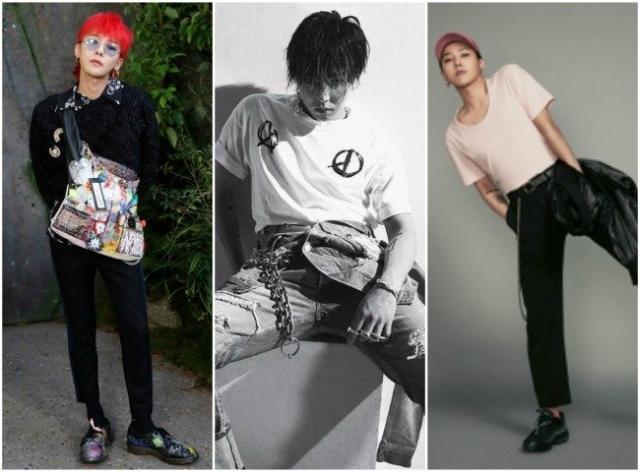 G-Dragon oblečen do dámské kolekce na přehlídce Chanel, značka PeaceMinusOne a kolaborace se značkou 8 Seconds. Zdroje zleva: www.vogue.com, www.kawaiination.com, www.ii-korea.com