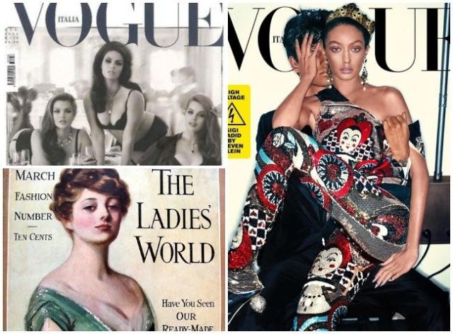 Plus-size modelky na obalu Vogue, jeden z nejslavnějších časopisů minulosti The Ladies World a obálka květnového Vogue s Gigi Hadid. Zdroje zleva: www.thefashionspot.com, www.philsp.com, www.designscene.net
